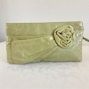 green flower bow embellished leather clutch  wristlet
